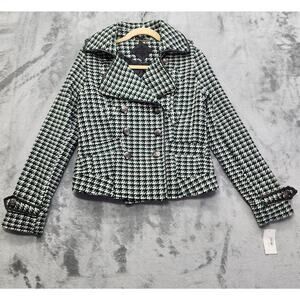 NEW Jou‎ Jou Coat Womens M Green Black Houndstooth Wool Blend Double Breasted
